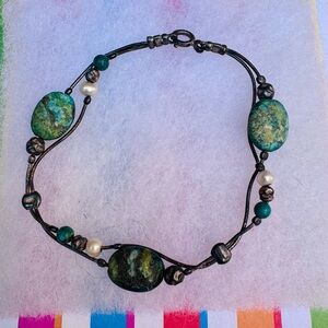 Stamped Silver Turquoise and Pearl Bracelet